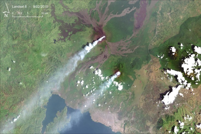 Landsat 8 image acquired on 9th February 2015, over Nyiragongo and Nyamulagira volcanoes.  Source: USGS EROS Data Center