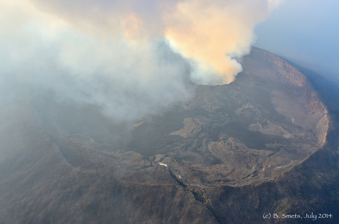 Nyamulagira's summit caldera and its permant gas plume escaping from the pit crater. Photo: (c) B. Smets, July 2014.